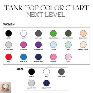 The image is a color chart for tank tops, divided into two sections for men and women. The chart lists various color options for tank tops, including black, white, dark gray, green, military green, desert pink, raspberry, purple rush, cancun, mint, banana cream, red, royal blue, midnight navy, hot pink, and lilac.