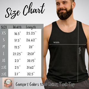 The image is a size chart for a black tank top, showing the measurements for different sizes.