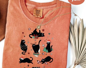 Comfort Colors® Black Cat Christmas Shirt, Kitten Cats Christmas T-shirt, Cat Lover Xmas Tee, Holiday Tshirt, Cute Xmas Holiday Tee