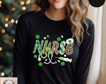 Nurse St.Patrick's Day Long Sleeve,Shamrock Stethoscope TShirt,Nurse Student LongSleeve,Nurse Appreciation Tee,Retro Lucky Nurse Long Sleeve