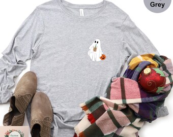 Camiseta de manga larga con estampado de fantasmas y café, Camiseta de manga larga con estampado de fantasmas y café helado, Camiseta de fantasmas "Boo", Camiseta de manga larga con estampado de fantasmas y café, Camiseta de Halloween para amantes del café