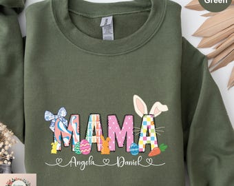 Custom Easter Mama Sweatshirt, Personalized Easter Grandma Kids Name Sweater, Bunny Mom Hoodie, Coquette Easter Mama Sweatshirt