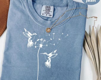 Comfort Colors® Dandelion Shirt for Women, Dandelion with Flying Birds shirt ,Flowers in Nature Tee, Flower Tee, Birds T-Shirt