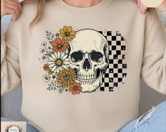 Sudadera con capucha estilo boho vintage con calavera, linda sudadera espeluznante para Halloween.