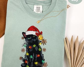 Comfort Colors® Black Cat Christmas Light T-Shirt, Funny Cat Lover Christmas Shirt, Cute Kitten Tee, Xmas Family Trip shirt