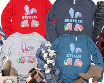 Custom Happy Easter Long Sleeve, Kids Name Easter Bunny Shirt, Cute Bunny Youth Shirt, Personalized Easter Tee,Easter Family Trip Longsleeve