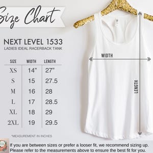 a size chart for a white tank top, with measurements and corresponding sizes listed. The chart provides a visual guide for selecting the appropriate size based on the user's measurements.