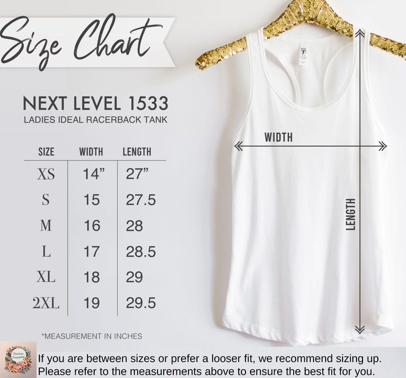 a size chart for a white tank top, with measurements and corresponding sizes listed. The chart provides a visual guide for selecting the appropriate size based on the user's measurements.