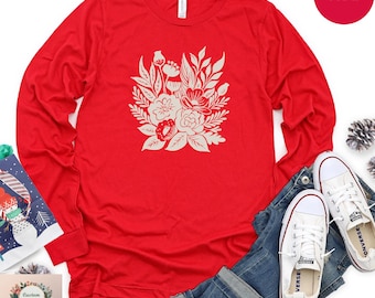 Floral Long Sleeve Shirt for Women, Botanical Flower Tee, Wildflower Bouquet Shirt, Vintage Floral Shirt, Nature Lover Longsleeve Shirt