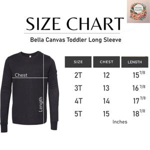 The image is a size chart for a black long sleeve t-shirt, providing measurements for different age groups.