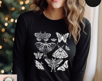 Camisa vintage de mariposa de manga larga, camisa de amante de las mariposas de manga larga, camisa cottagecore, camisa estética, camisa de polilla, camisa cottagecore estética de manga larga