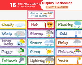 Educational Theme Weather Display Flashcards Printable Weather Learning Flashcards Montessori Toddler Educational Activity Cards Preschool