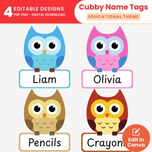 Cubby-naamkaartjes met uilthema Bewerkbare naamlabels voor kinderen Schoolbenodigdhedenlabels voor kleuterschoolklas