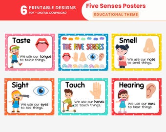 Pósters educativos imprimibles de los cinco sentidos para preescolar, con técnicas de conexión a tierra, decoración de pared para el aula y aprendizaje sensorial para niños.
