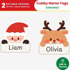 Christmas Cubby Name Tags Editable Santa Claus and Reindeer Peeking Easy Cubby Labels Cute Christmas Classroom Decor Holiday Locker Labels