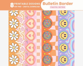 May include: Eight printable designs for bulletin board borders in pastel retro colours. The designs include daisies, hearts, disco balls, and smiley faces.
