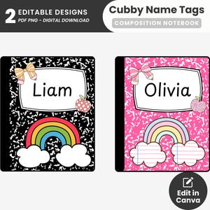 Peut inclure: Deux étiquettes de nom de cahier de composition modifiables. L'une présente une couverture noire et blanche avec un arc-en-ciel, le nom "Liam" et une pomme. L'autre a une couverture rose avec le nom "Olivia" et une pomme.