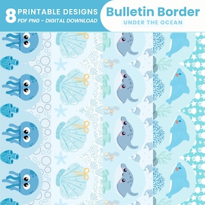 Könnte beinhalten: Digitaler Download mit acht druckbaren Pinnwand-Bordüren-Designs zum Thema "Unter dem Meer". Die Bordüren zeigen Meereskreaturen wie Quallen, Robben und Muscheln in Blau- und Weißtönen. Text enthält "Bulletin Border" und "Printable Designs".