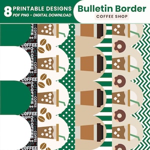 May include: Printable bulletin board border designs with coffee shop themes. The designs include coffee cups, coffee beans, donuts, and text that says "Coffee Shop". The border has green, white, and brown colors.