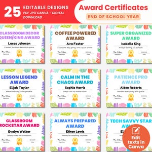 Divertenti premi di fine anno scolastico per insegnanti, certificati di fine anno scolastico modificabili, certificati di premiazione per la classe, colorati e vivaci.