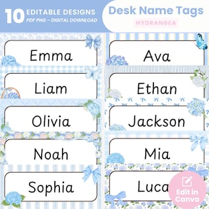 May include: Ten editable desk name tags with a hydrangea design. Each tag has a white rectangular space for a name, framed by blue floral and bow patterns. Names such as Emma, Ava, and Liam are displayed on the tags.