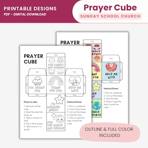 Puede incluir: Diseño de cubo de oración imprimible con instrucciones. El cubo presenta ilustraciones y frases como «Lo siento por», «Gracias por» y «Ayúdame con». Incluye opciones de contorno y a color.