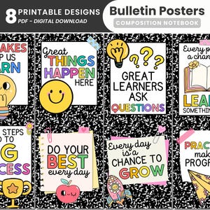 Composition Notebook Retro Bulletin Board Posters Printable Back To School Motivational Middle School Classroom Positive Posters Display