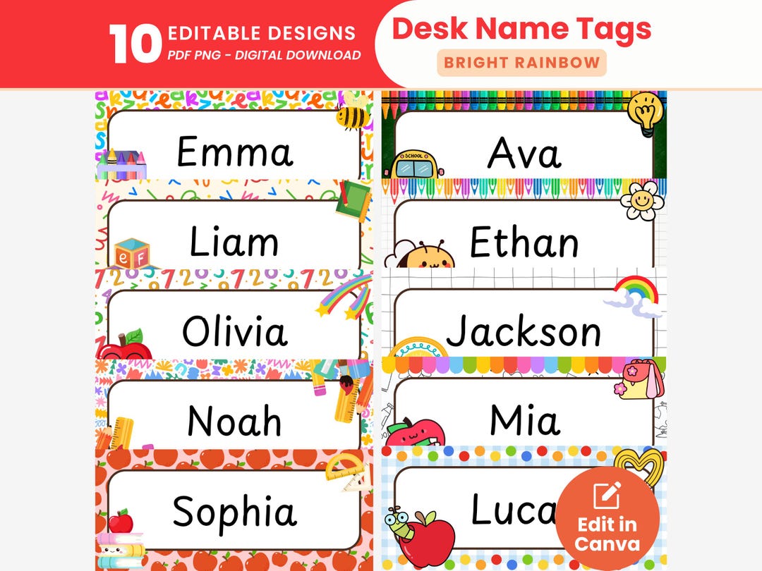 Bright Rainbow Name Tags Editable Student Desk Name Plates Colorful ...
