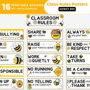 Puede incluir: Un conjunto de 16 pósteres de reglas de clase imprimibles con temática de abejas. Los pósteres incluyen texto como NO BULLYING, SHARE WITH OTHERS, ALWAYS TRY YOUR BEST, COVER YOUR MOUTH, RAISE YOUR HAND, BE KIND y BE RESPONSIBLE.