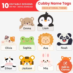 Puede incluir: Diez etiquetas de nombre de casilleros editables con ilustraciones de animales, incluyendo un oso, un pingüino, un gato, una rana, un león, un panda, una vaca, un tigre, un conejo y un zorro. Cada etiqueta tiene un nombre. También está presente el texto "Edit in Canva".