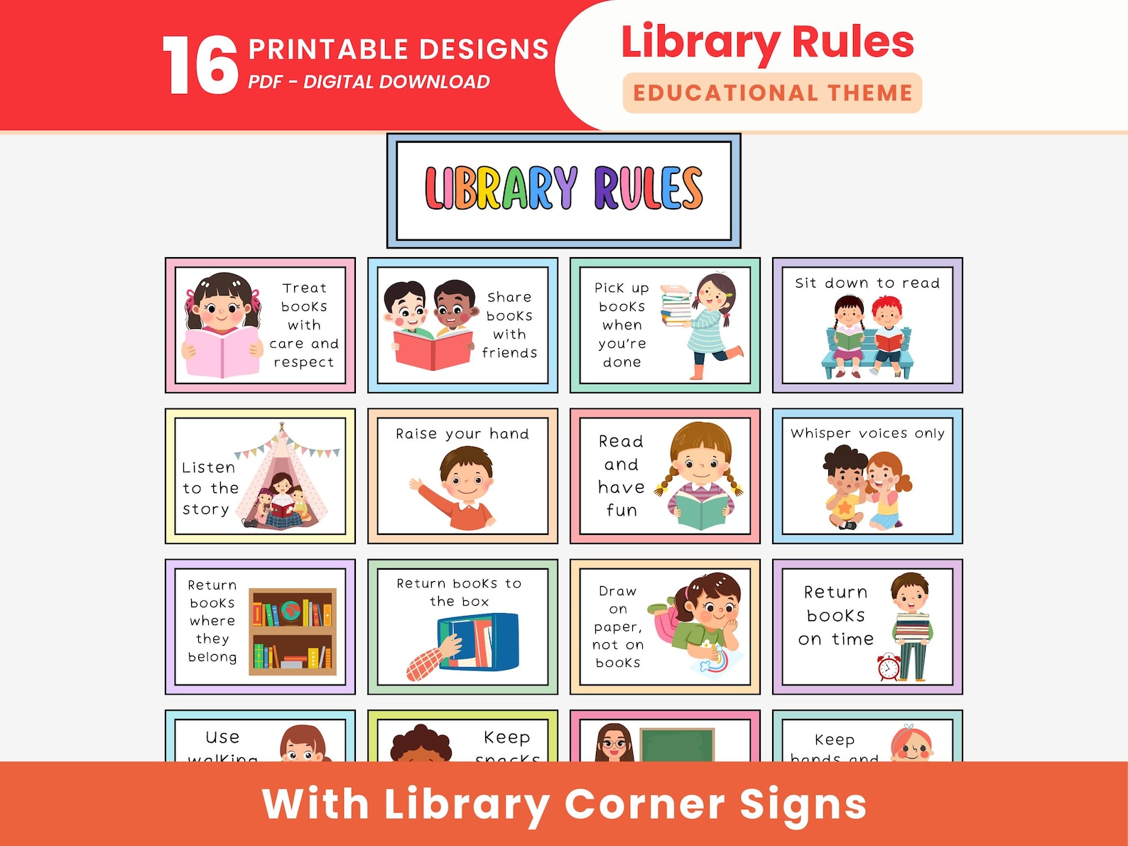 Library Rules Cards With Library Corner Signs Printable Pastel Library ...