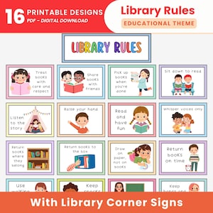 Może przedstawiać: Zestaw 16 drukowanych wzorów zasad bibliotecznych o tematyce edukacyjnej. Każdy projekt zawiera kolorowe ilustracje dzieci i tekst, taki jak "Traktuj książki z troską i szacunkiem" i "Oddawaj książki na czas".