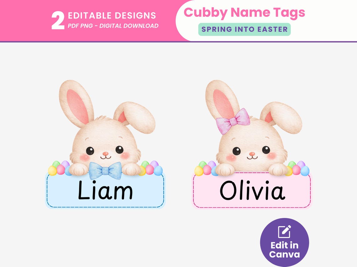 Easter Bunny Cubby Name Tags Editable Kawaii Rabbit Student Name Spring ...