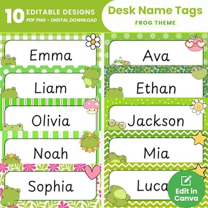 May include: A digital download of ten editable desk name tags with a frog theme. Each tag features a name in a white box with green and white decorative borders and frog illustrations. The text "Desk Name Tags FROG THEME" is at the top.