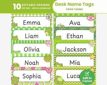 Puede incluir: Una descarga digital de diez etiquetas de nombre de escritorio editables con un tema de rana. Cada etiqueta presenta un nombre en un cuadro blanco con bordes decorativos verdes y blancos e ilustraciones de ranas. El texto "Desk Name Tags FROG THEME" está en la parte superior.