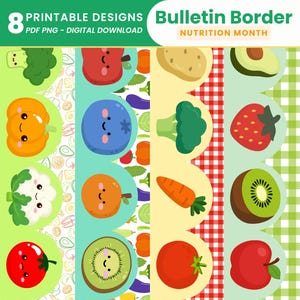 May include: Digital download of printable bulletin board borders with a nutrition theme. The borders feature colorful illustrations of fruits and vegetables, including an apple, broccoli, and a kiwi. The text at the top reads "Bulletin Border Nutrition Month".