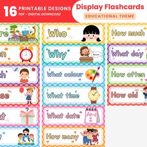 Tema educativo Palabras interrogativas WH Tarjetas didácticas de aprendizaje Actividades de preguntas WH imprimibles para niños Tarjetas de inicio de preguntas Terapia del habla