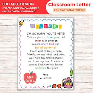 Carta editable del primer día de clases para estudiantes Carta de bienvenida de regreso a clases Tarjeta de felicitación de inicio de año escolar Maestro a estudiante