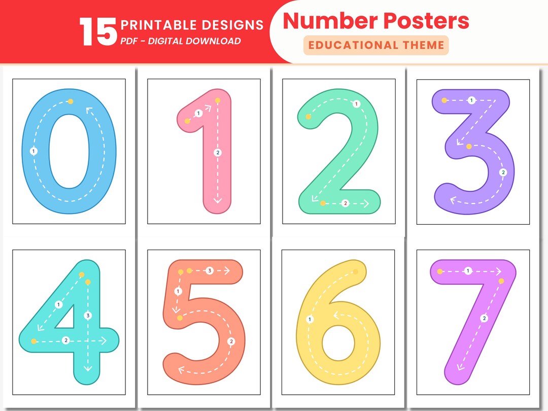 Bright Pastel Tracing Number Posters With 3 Sizes Printable 0-10 Number ...