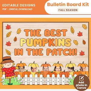 May include: A digital bulletin board kit for the autumn season featuring the text THE BEST PUMPKINS IN THE PATCH. The design includes a wood-grain background, colourful autumn leaves, a scarecrow, a white picket fence, and pumpkin cutouts.