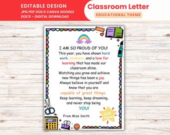 End of School Year Editable Letter For Students Last Day of School Gratitude Letter Gift From Teacher To Student Card Goodbye Letter Design