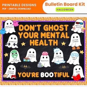 Könnte beinhalten: Ein digitales Pinnwand-Set mit schwarzem Tafelhintergrund und orangefarbenen Rändern. Der Text lautet DON'T GHOST YOUR MENTAL HEALTH und YOU'RE BOOTIFUL. Es enthält gezeichnete Geister, die Aktivitäten wie Sport treiben, Musik hören und Lesen ausführen.