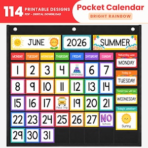 May include: A black pocket calendar with colorful squares for each day of the month. The calendar includes the text "June", "2026", and "Summer". The top of the calendar reads "Pocket Calendar" and "Bright Rainbow". The calendar also includes the text "114 Printable Designs PDF - Digital Download".