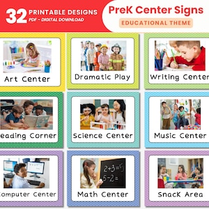 May include: A collection of nine colorful PreK Center Signs with an educational theme. Each sign features a different activity area, including Art Center, Dramatic Play, and Reading Corner. The signs are designed for digital download.