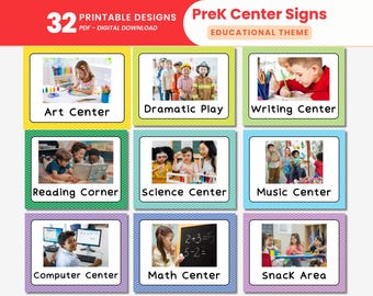 Real Kids Preschool Center-borden Afdrukbare kinderdagverblijf-klaslabels PreK-leergebieden Kamerlabels Organisatie Kleurrijke stationsborden