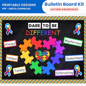 May include: A printable bulletin board kit with the words "DARE TO BE DIFFERENT" in colourful letters. The design includes puzzle pieces, ribbons, and the words "Always," "Unique," "Totally," "Mysterious," "Sometimes," and "Interesting."
