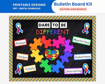 Dare To Be Different Autism Awareness Bulletin Board Kit Printable Sped Classroom Rainbow Puzzle Pieces Decor for Bulletin and Door Display