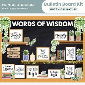 Kit imprimible de tablón de anuncios con estantes de plantas botánicas "Palabras de sabiduría" para decoración motivacional del aula con temática de naturaleza. Exhibidor positivo para la puerta del tablón de anuncios.