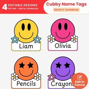 Puede incluir: Cuatro etiquetas de nombre digitales para casilleros con caras sonrientes coloridas. La cara amarilla tiene estrellas azules, la rosa flores blancas, la naranja ojos de estrella negra y flores blancas, y la morada tiene estrellas rosas.