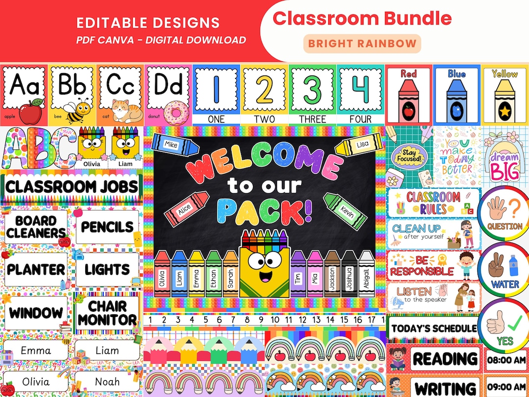 Bright Rainbow Classroom Bundle Printable Colorful Classroom Decor ...